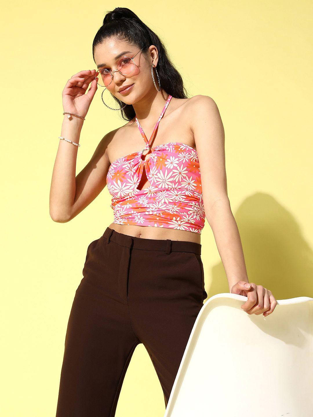 berrylush pink & white floral print halter neck crepe crop top