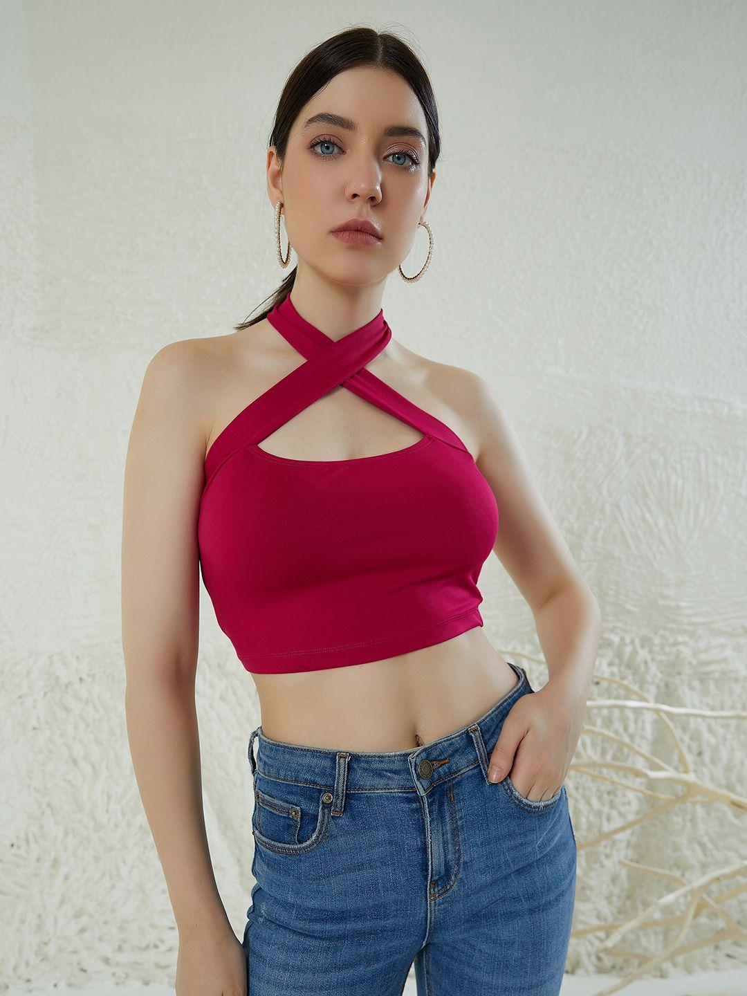 berrylush pink halter neck crop top