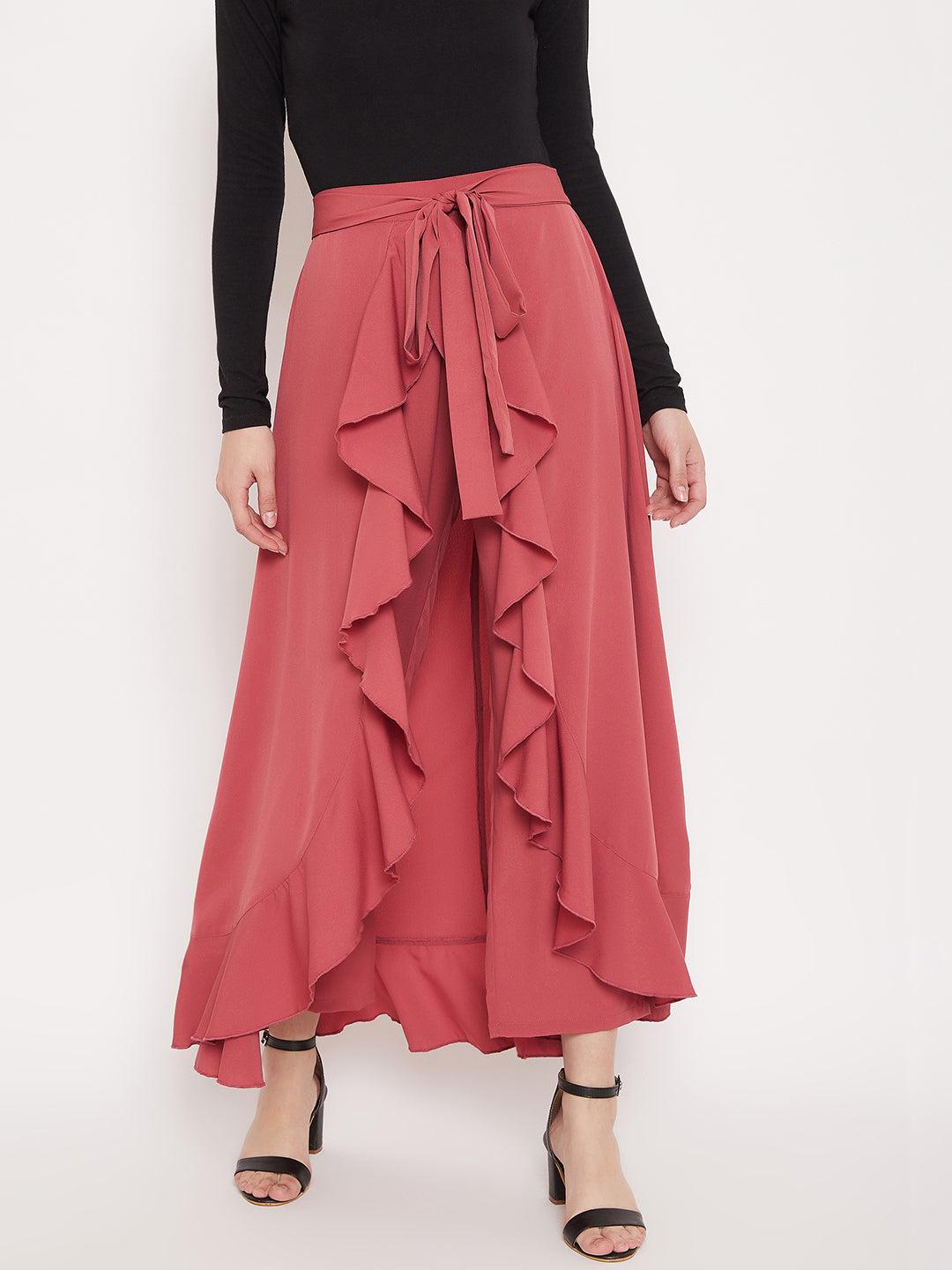 berrylush pink solid ruffled wrap skirt with pants