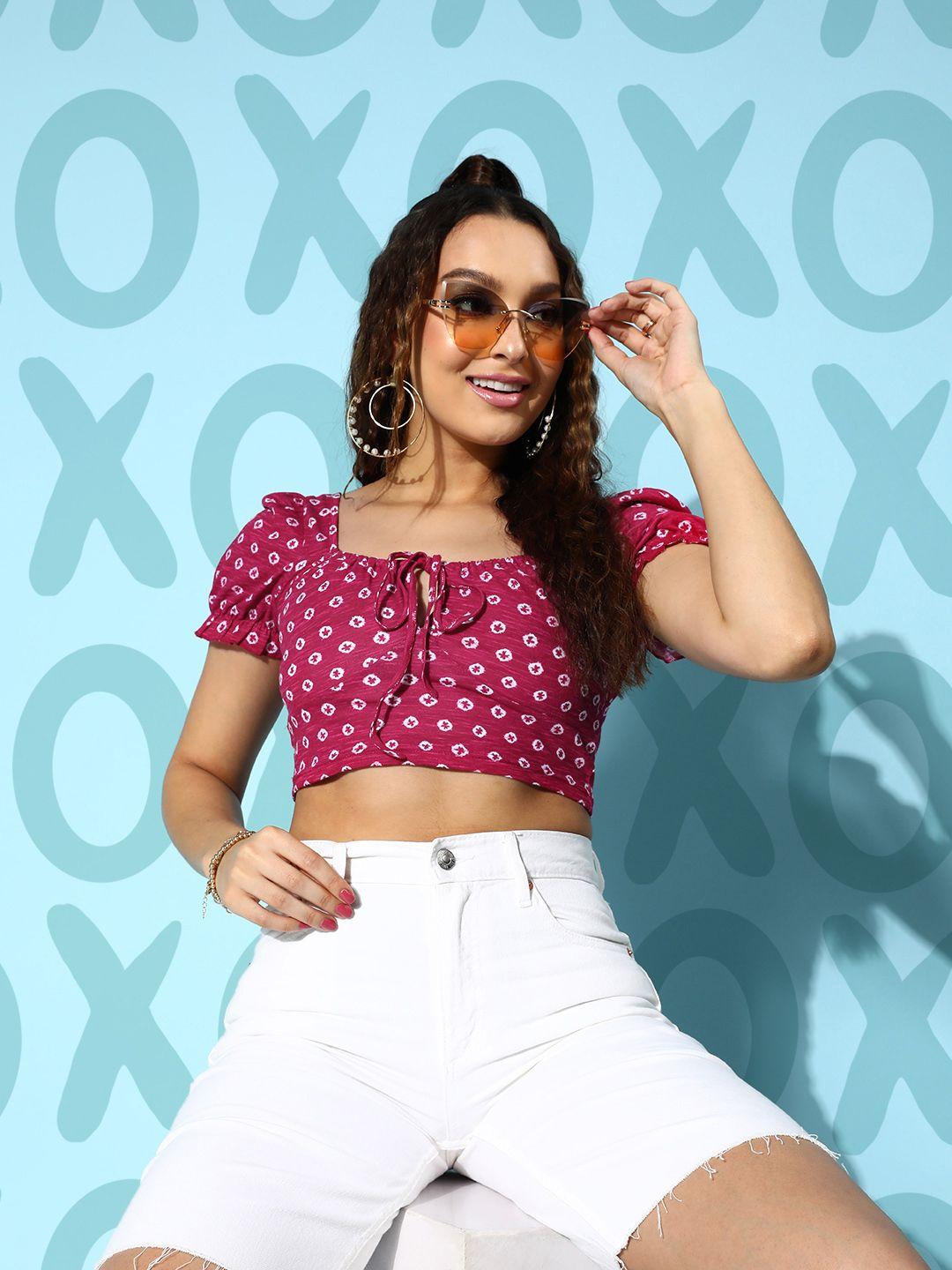 berrylush print tie-up neck bardot cotton crop top