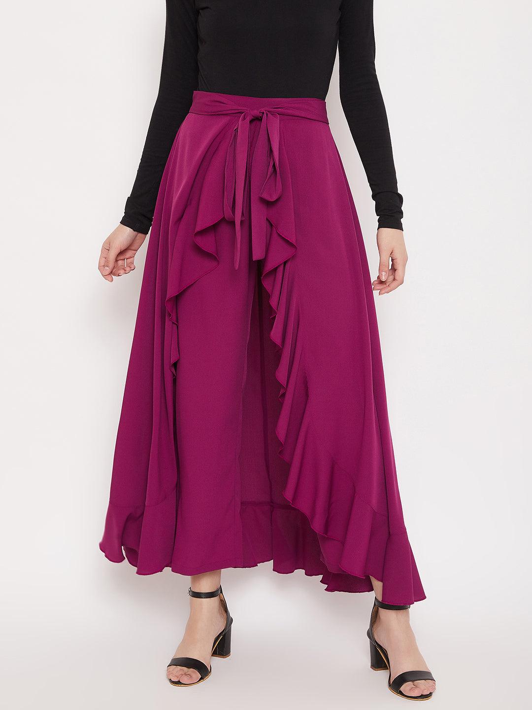 berrylush purple solid ruffled wrap skirt with pants