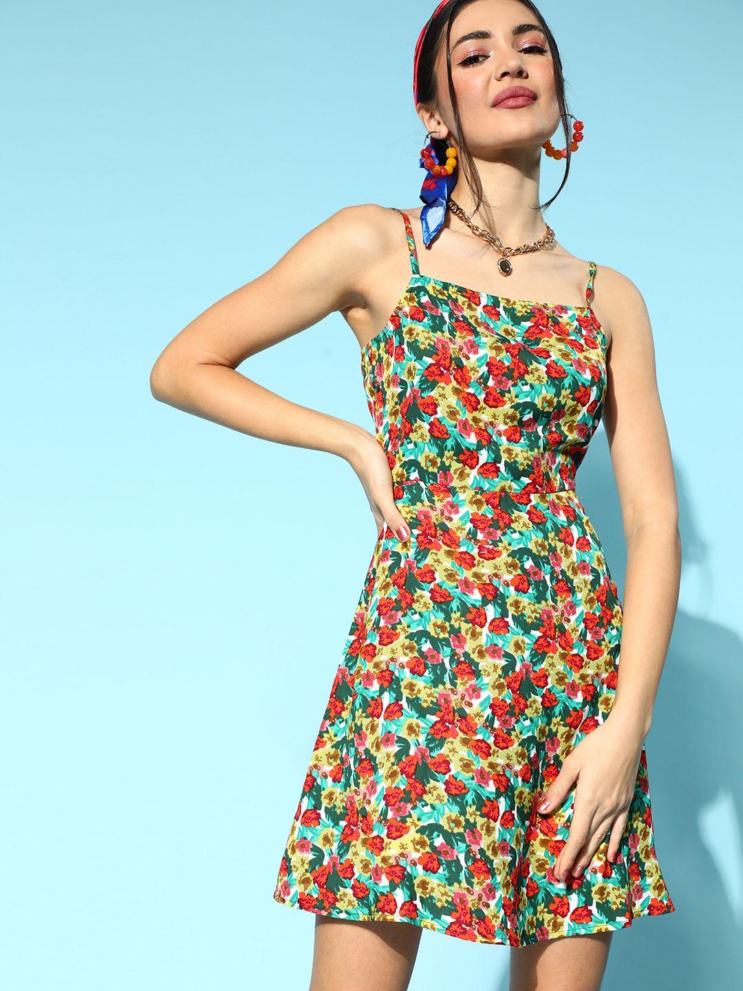 berrylush red & green floral printed crepe a-line dress