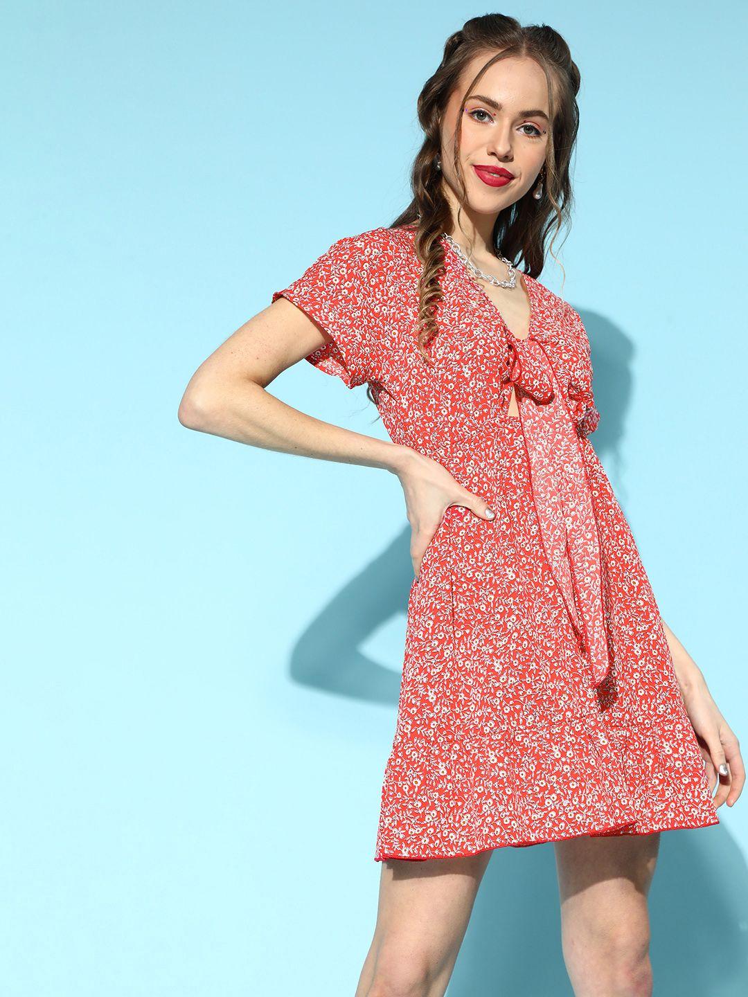 berrylush red & white floral print crepe a-line dress