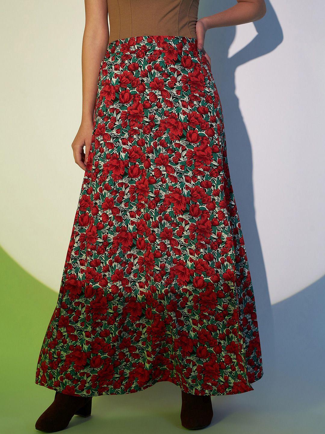 berrylush red floral printed flared maxi skirt