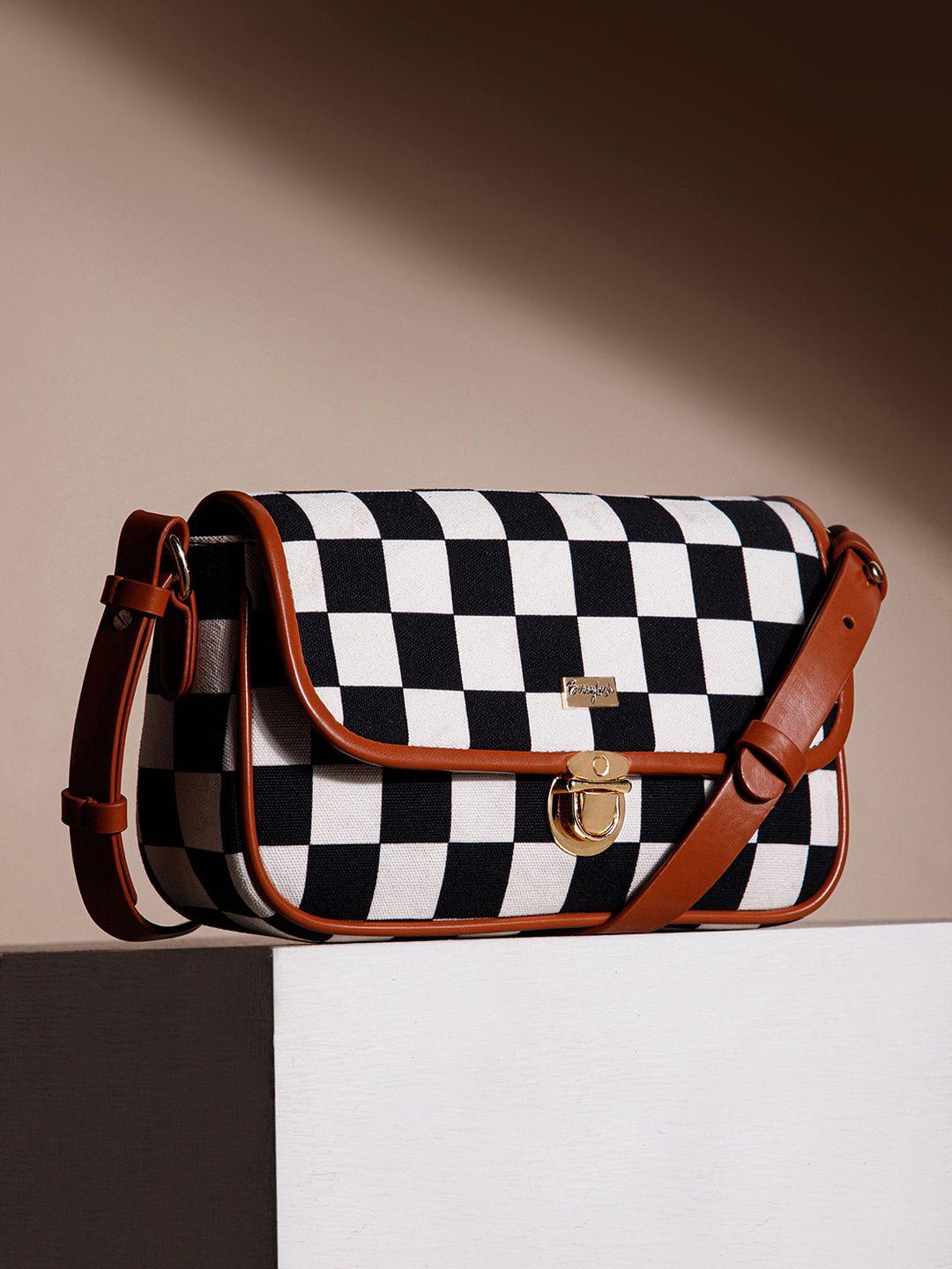 berrylush white & black checked structured sling bag