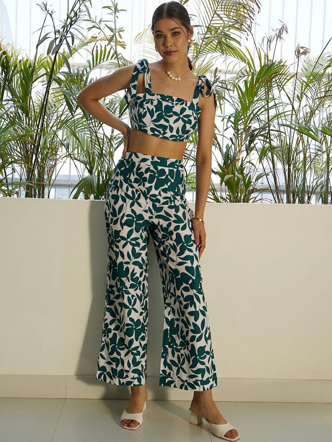 berrylush white & green floral printed crop top with trousers