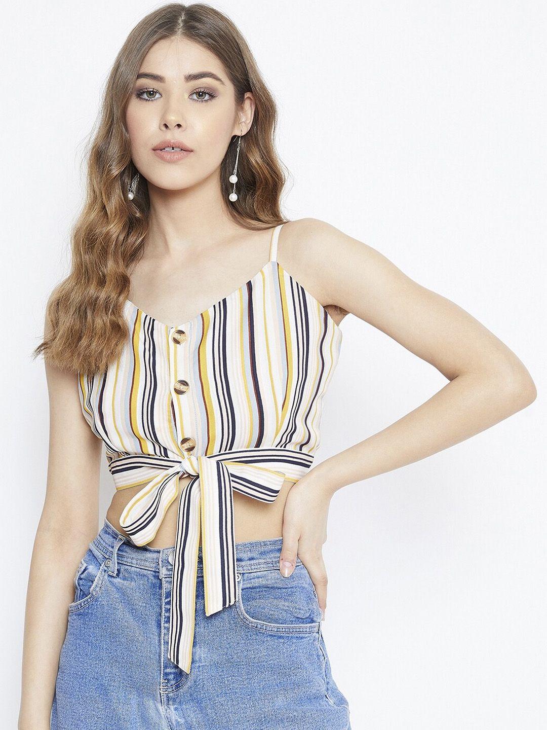 berrylush white & yellow striped cinched waist top