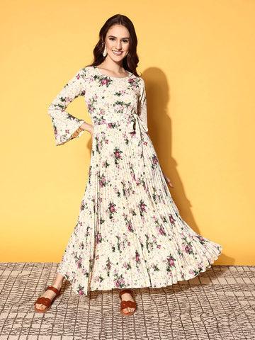 berrylush women beige & pink floral printed round neck waist tie-up crepe flared maxi dress