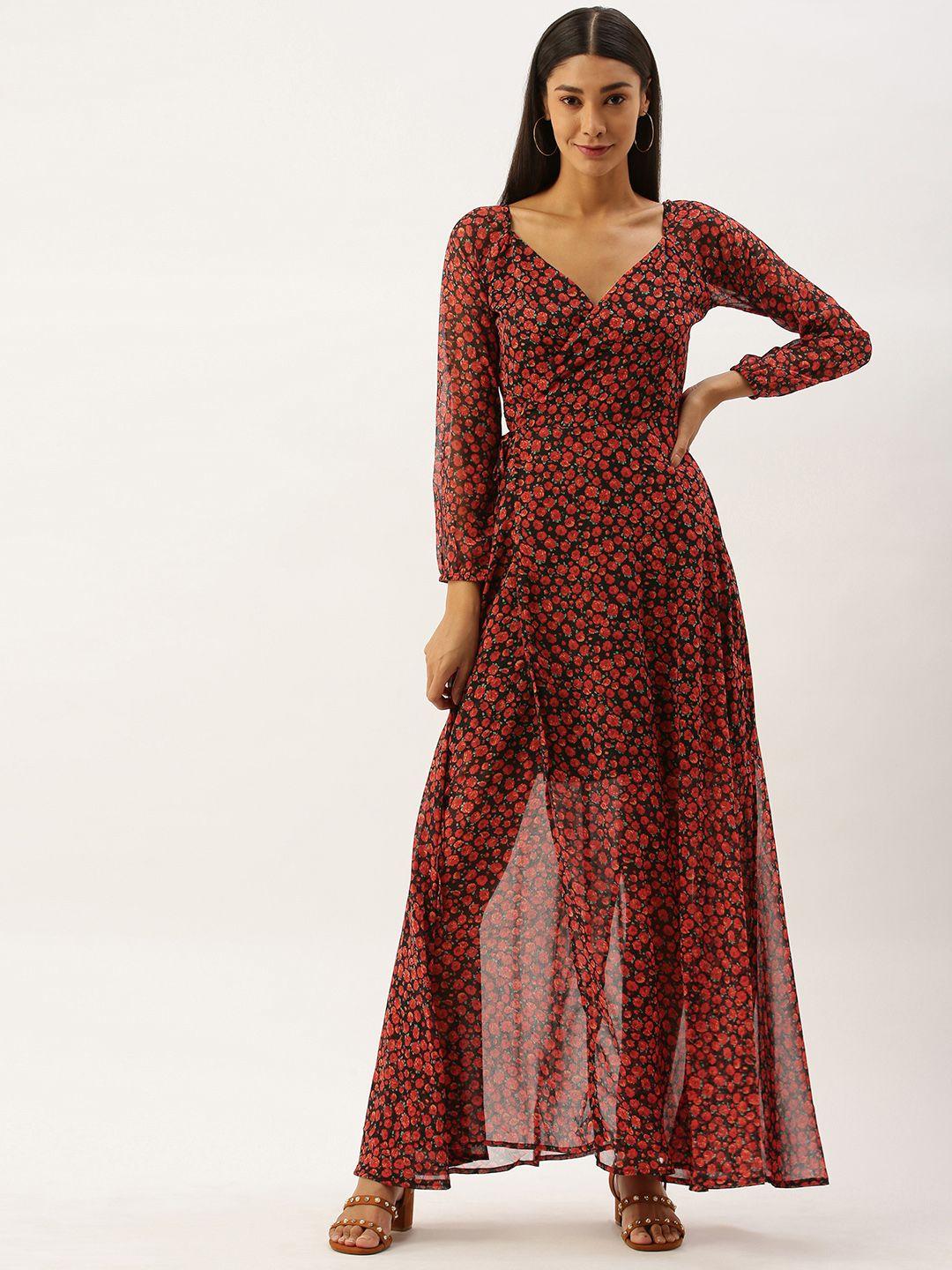 berrylush women black & red  printed maxi dress