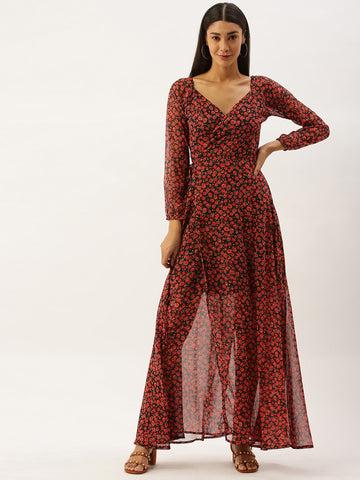 berrylush women black & red floral print v-neck maxi dress