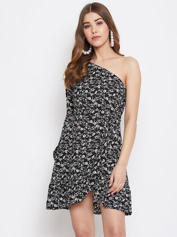 berrylush women black & white floral printed one-shoulder tulip hem fit & flare mini dress