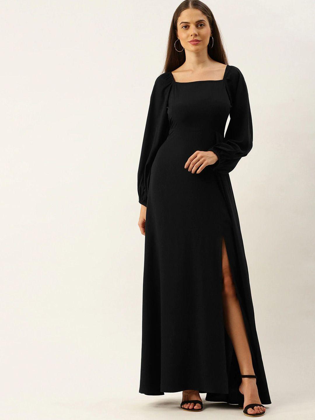 berrylush women black crepe high slit maxi dress