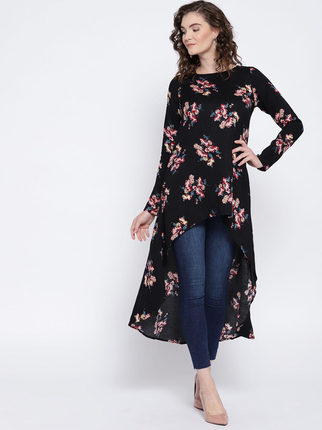 berrylush women black floral printed high-low top