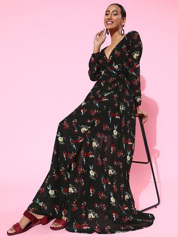 berrylush women black floral printed v-neck waist tie-up flared wrap maxi dress