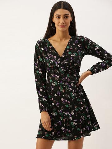 berrylush women black floral printed v-neck wrap mini dress