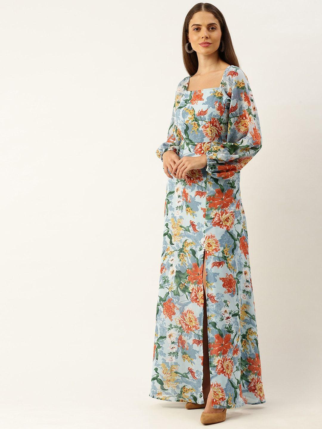 berrylush women blue & orange printed maxi dress with high slit detail