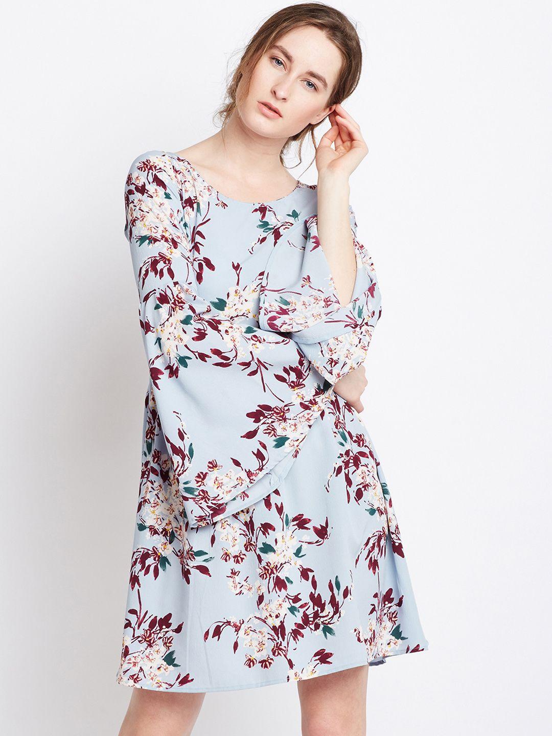 berrylush women blue floral print fit and flare dress