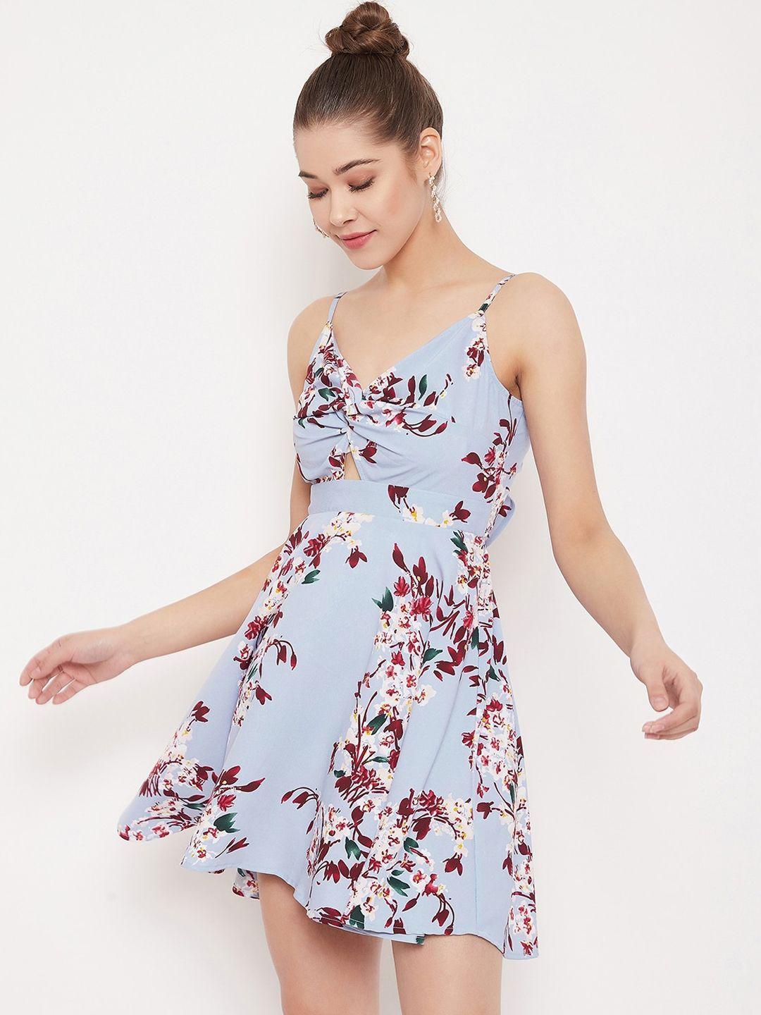 berrylush women blue floral printed fit and flare dress