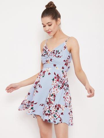 berrylush women blue floral printed twist knot fit & flare mini dress