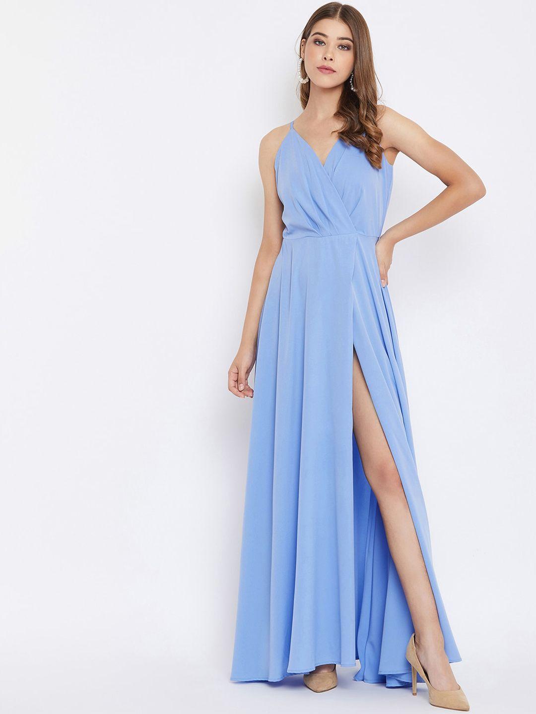 berrylush women blue solid crepe maxi dress with front slit