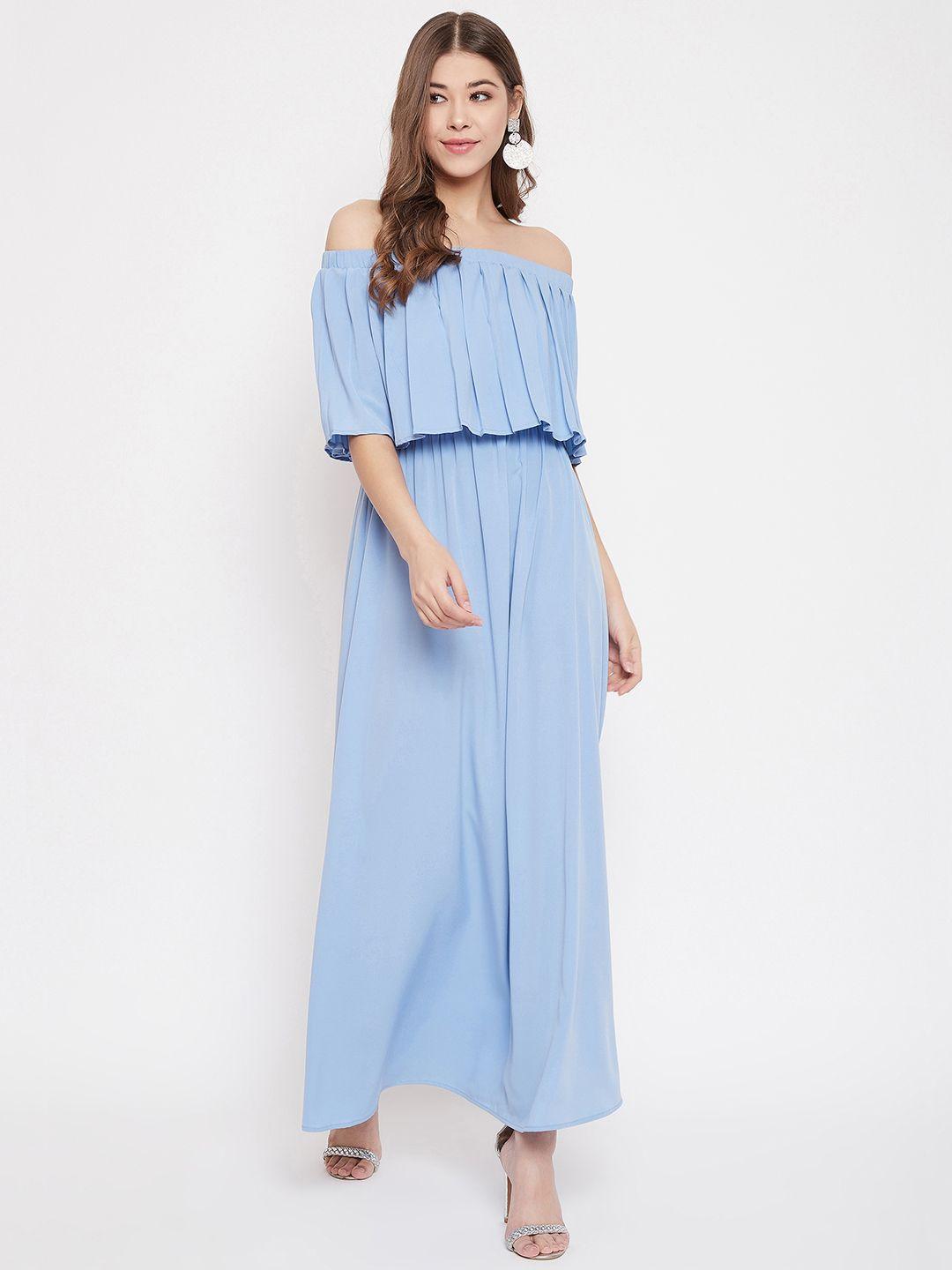 berrylush women blue solid off shoulder maxi dress