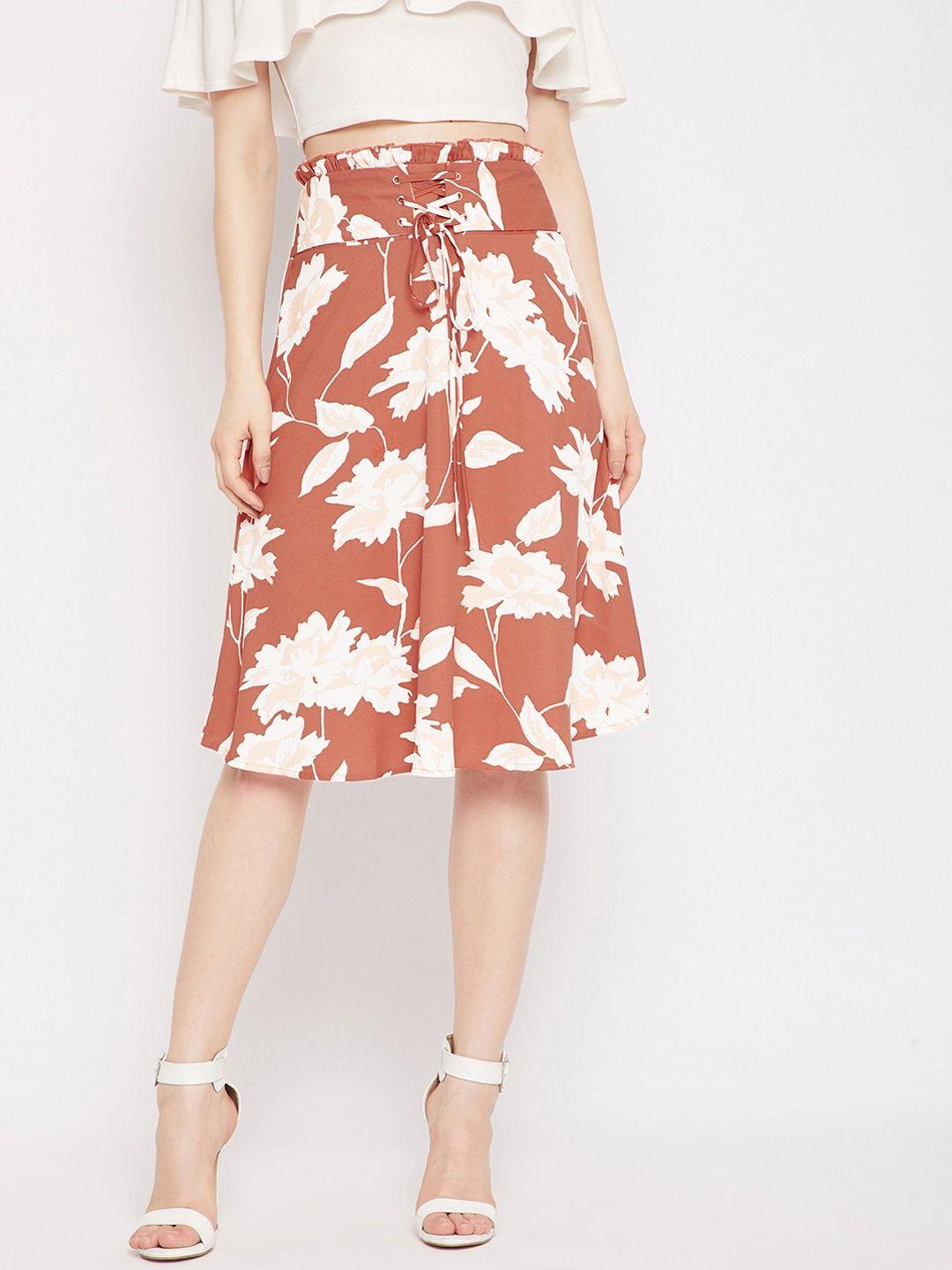 berrylush women brown & white floral printed knee-length a-line skirt