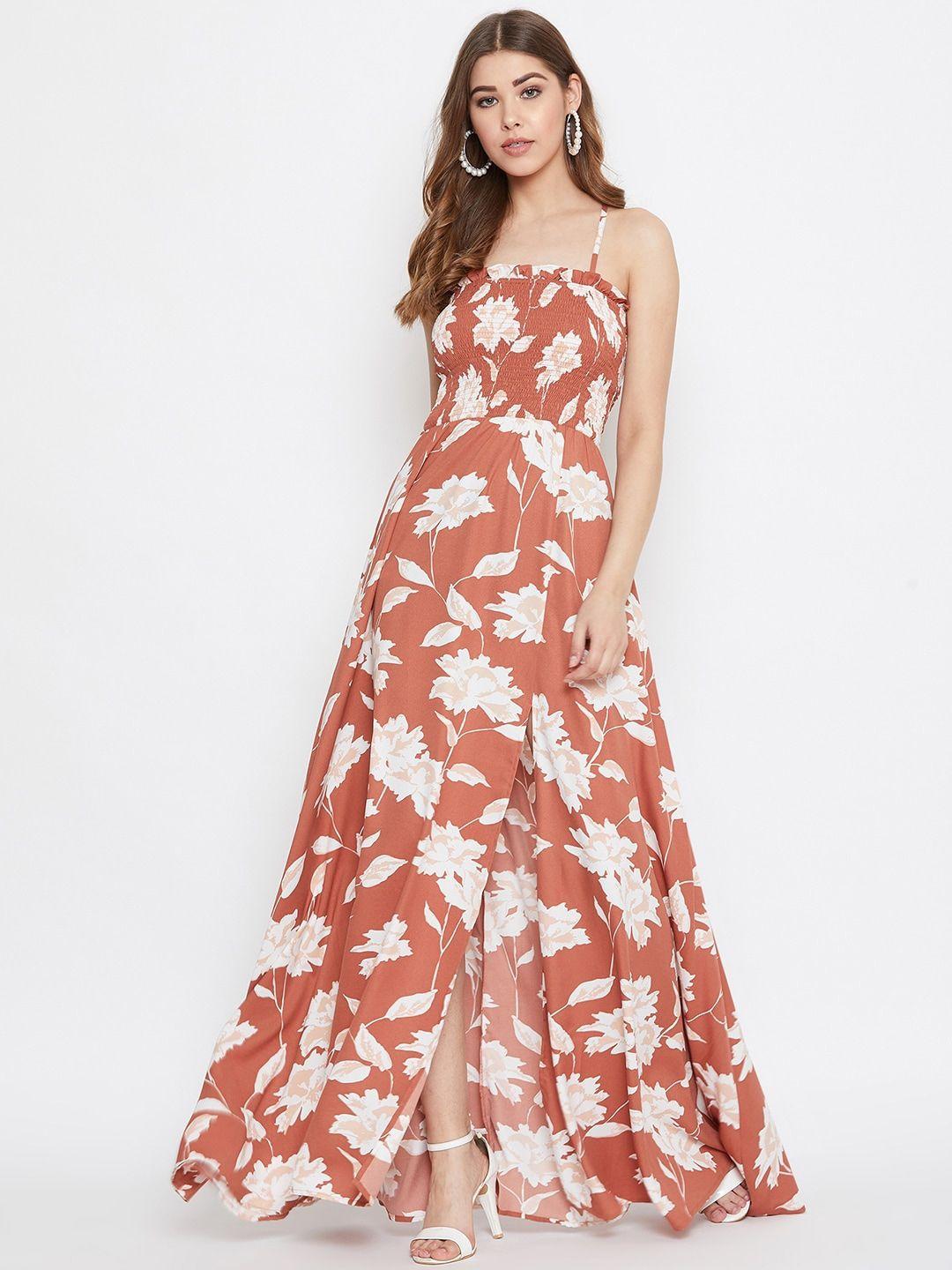 berrylush women brown floral printed maxi dress