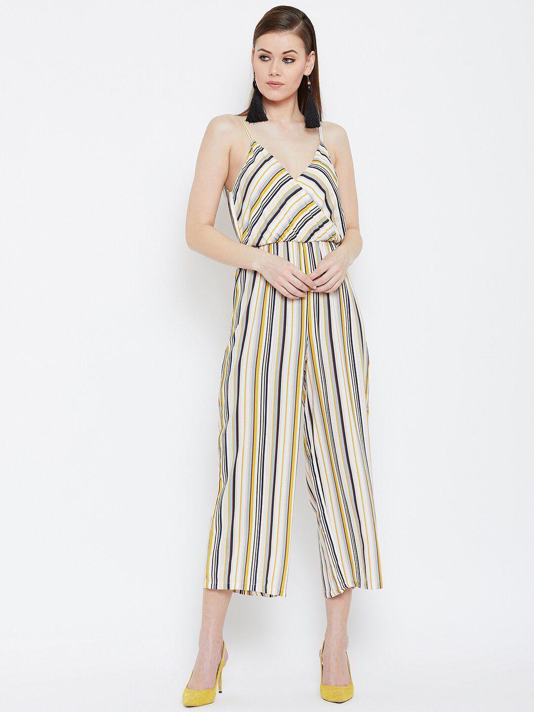 berrylush women cream-coloured & navy blue striped basic jumpsuit