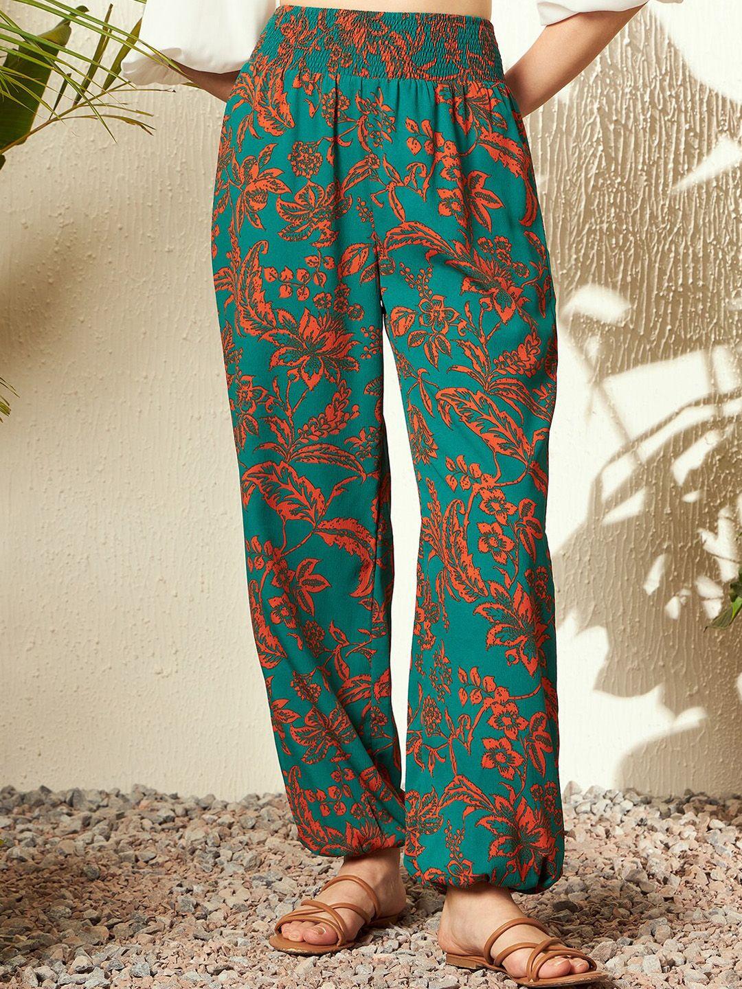 berrylush women floral printed relaxed straight leg high-rise trousers
