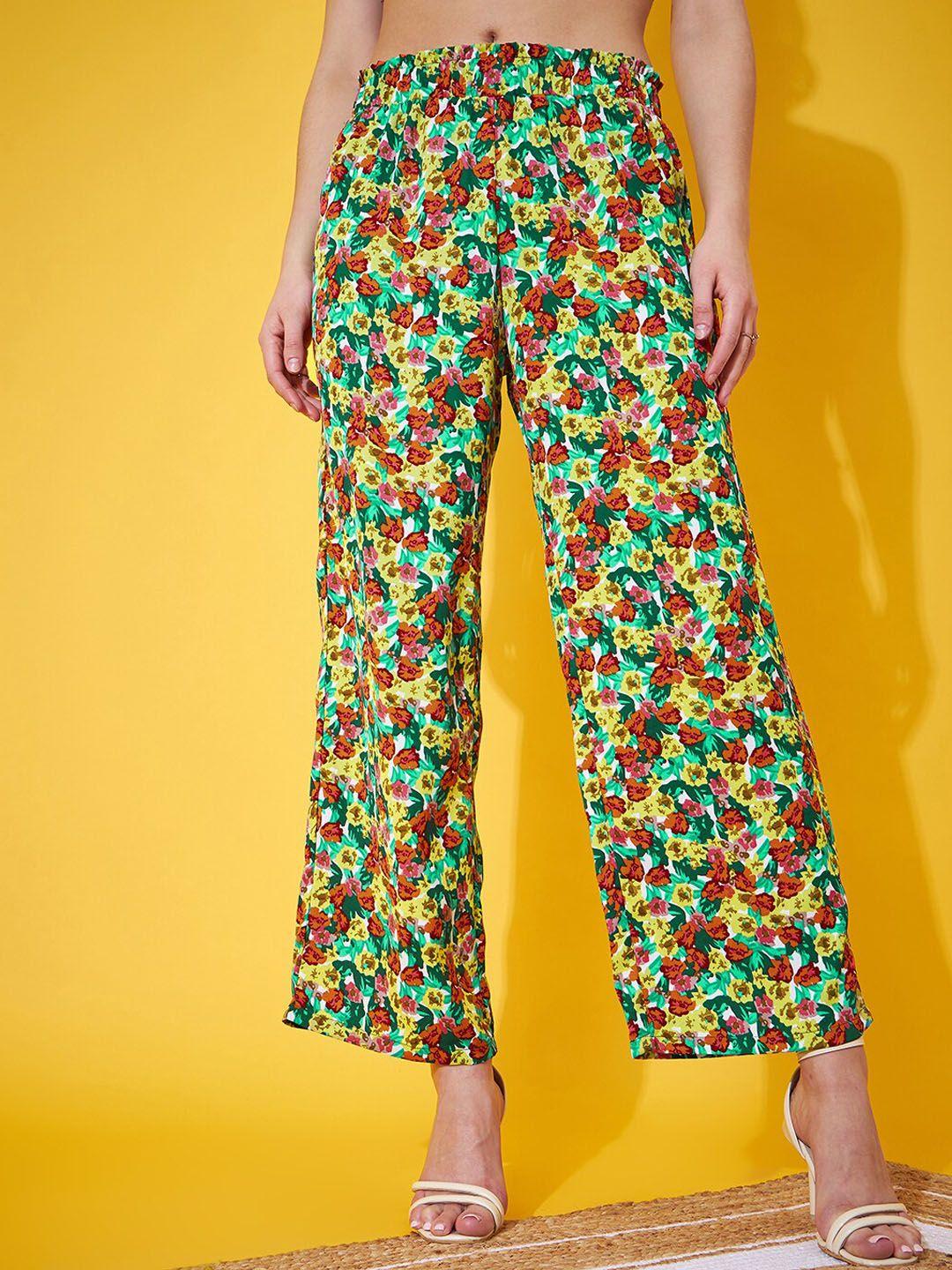 berrylush women floral printed relaxed straight leg regular fit high-rise plain trousers