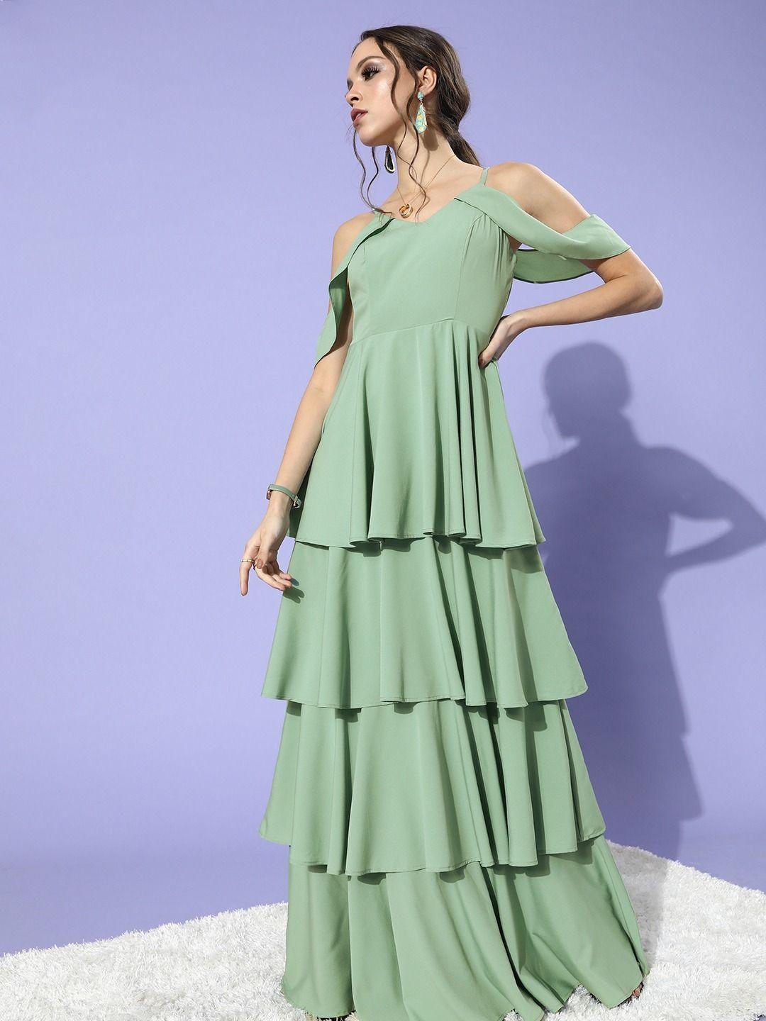 berrylush women gorgeous green solid tiered dress
