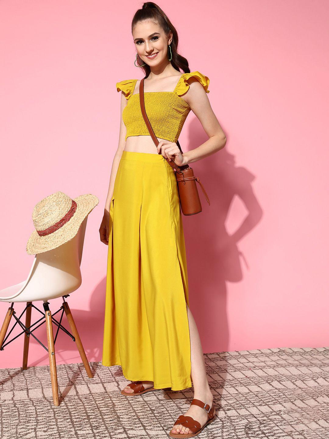 berrylush women gorgeous yellow self-design top with solid skirt