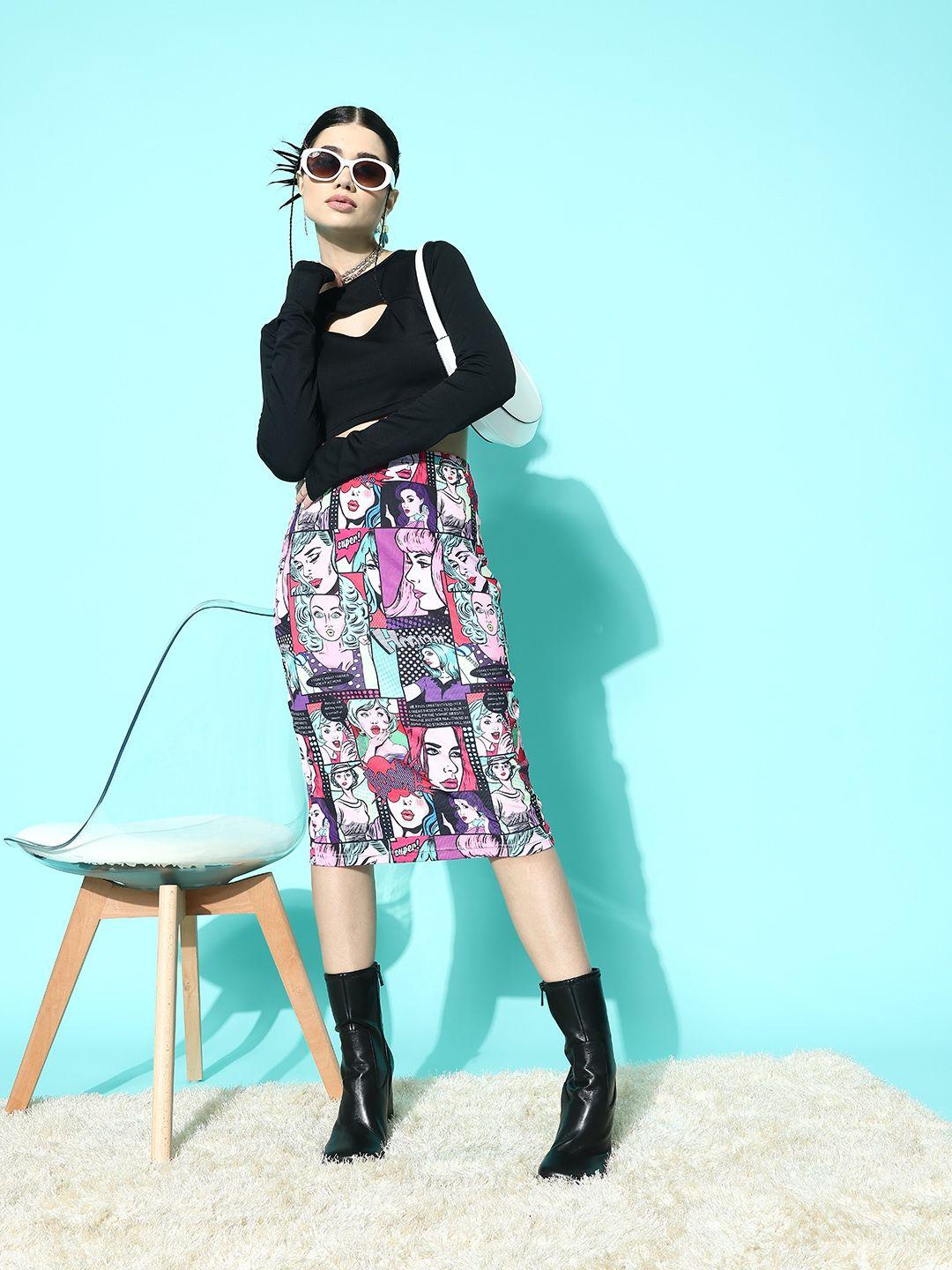 berrylush women graphic printed high rise midi pencil skirt