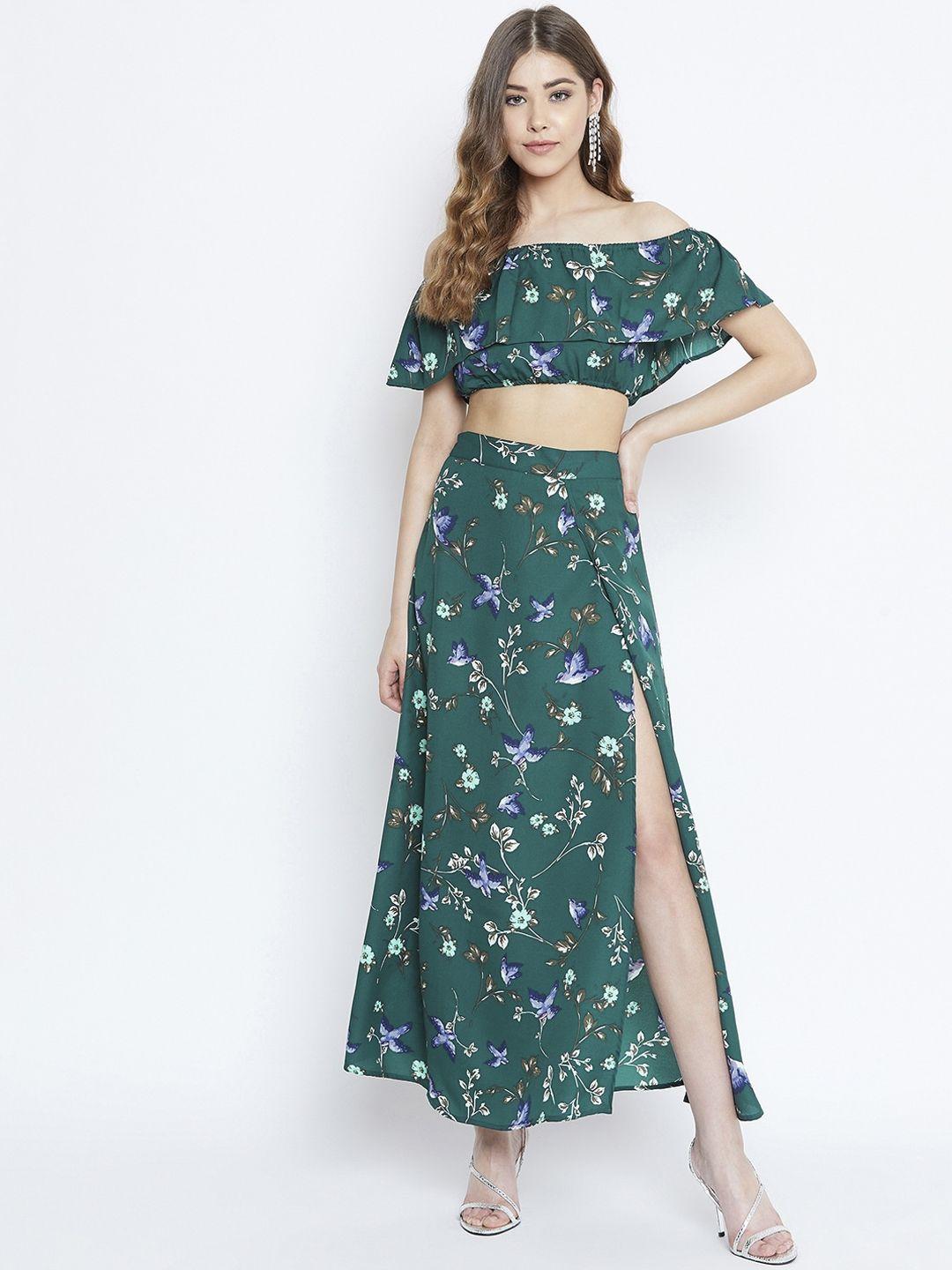 berrylush women green floral printed co-ordinate set