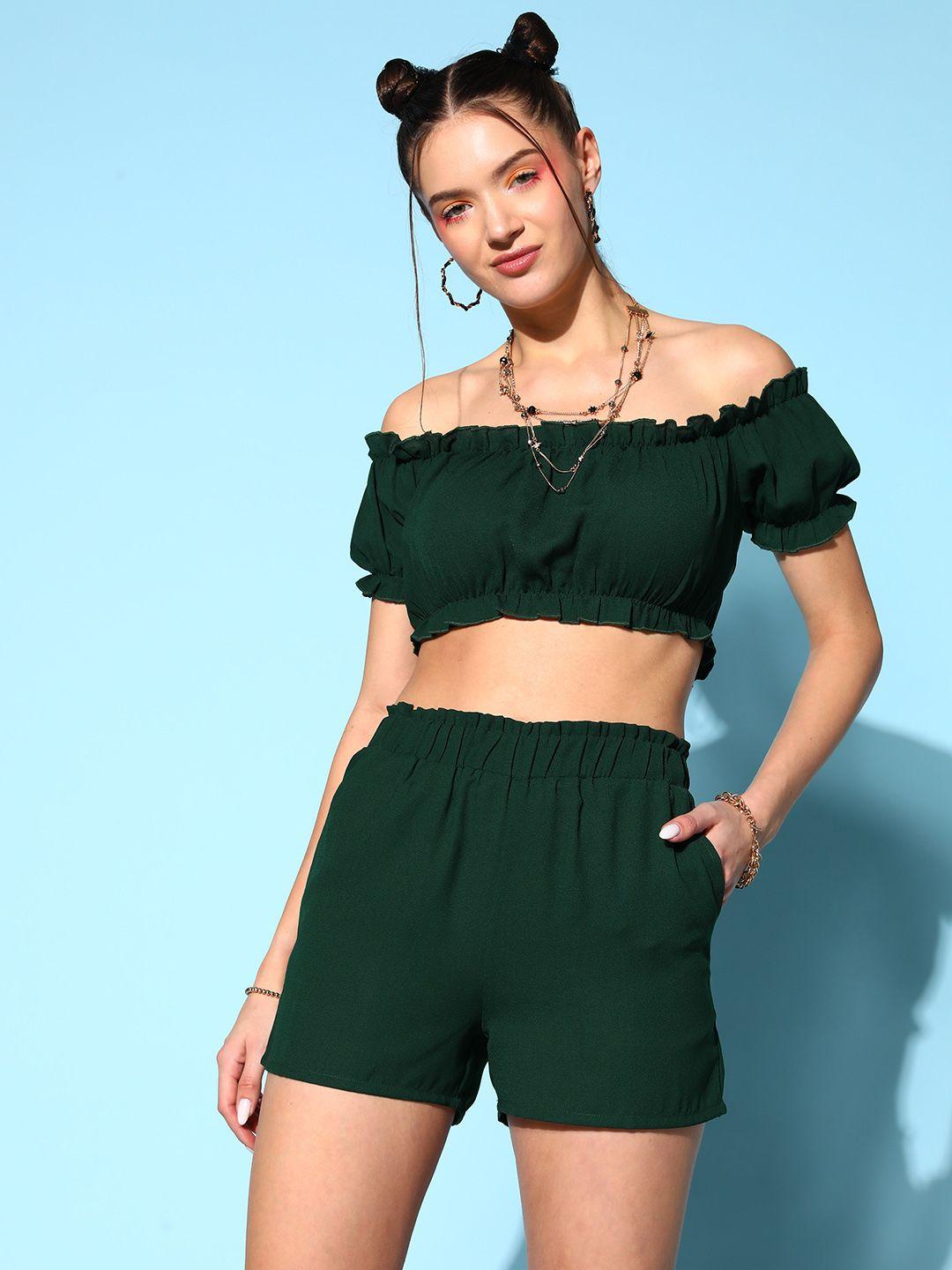 berrylush women green solid off shoulder top & shorts co-ords sets