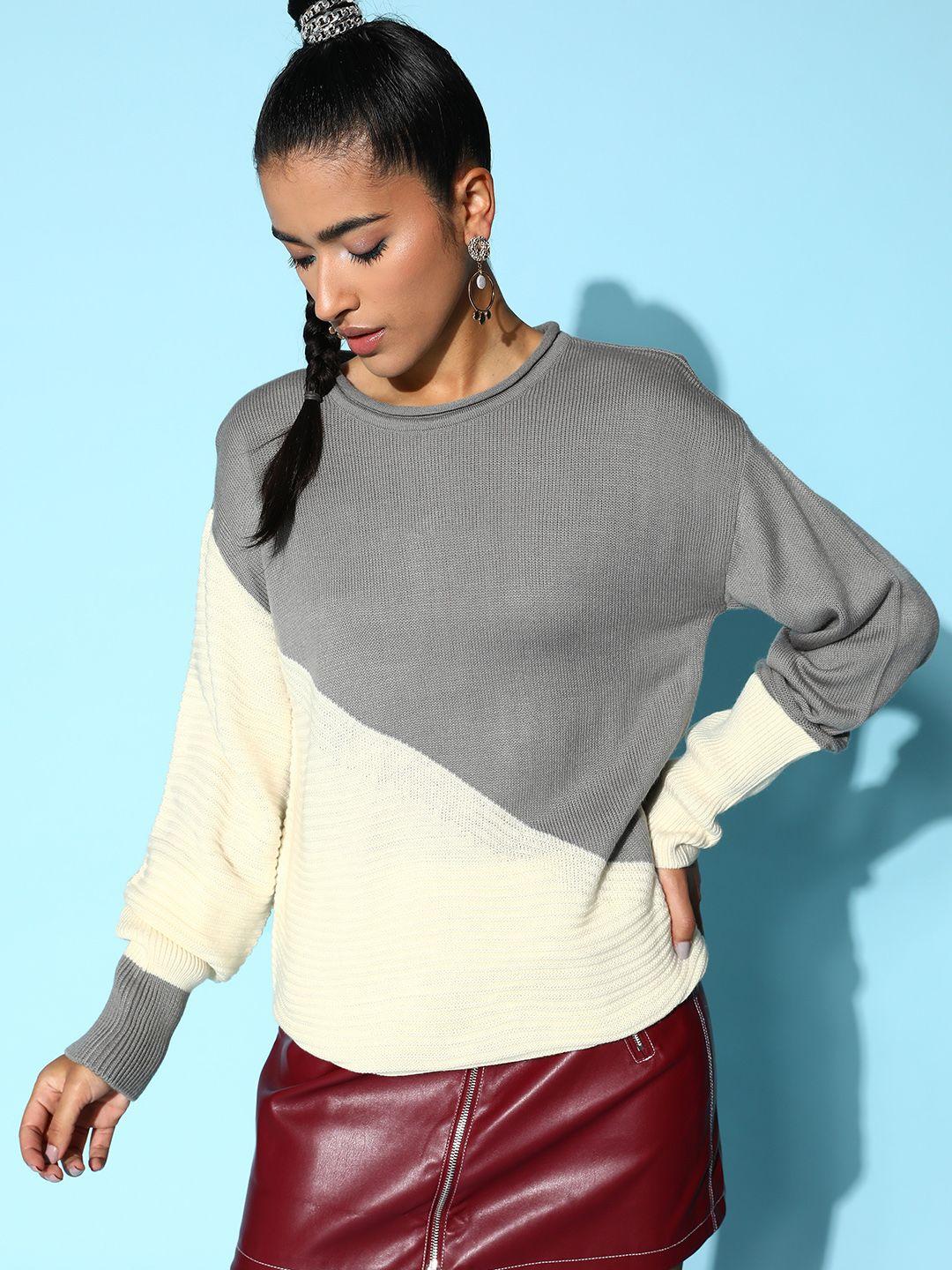 berrylush women grey & off white colourblocked pullover