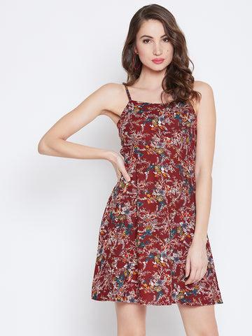 berrylush women maroon & white floral printed square neck fit & flare mini dress