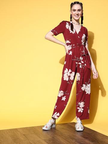 berrylush women maroon & white floral printed v-neck waist tie-up polyester basic jumpsuit