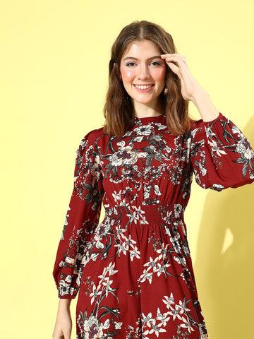 berrylush women maroon floral printed mock neck a-line maxi dress