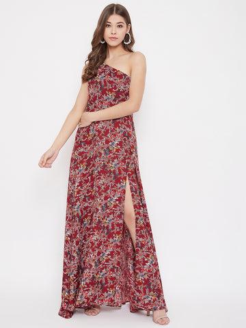 berrylush women maroon floral printed one shoulder maxi dress