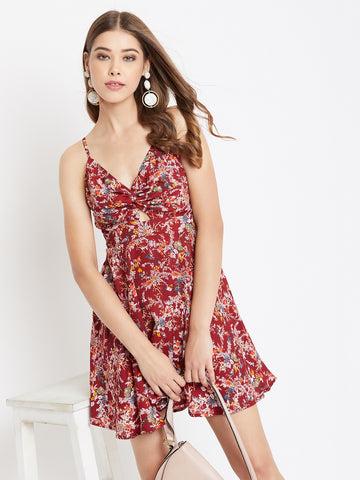 berrylush women maroon floral printed v-neck front twisted knot fit & flare mini dress