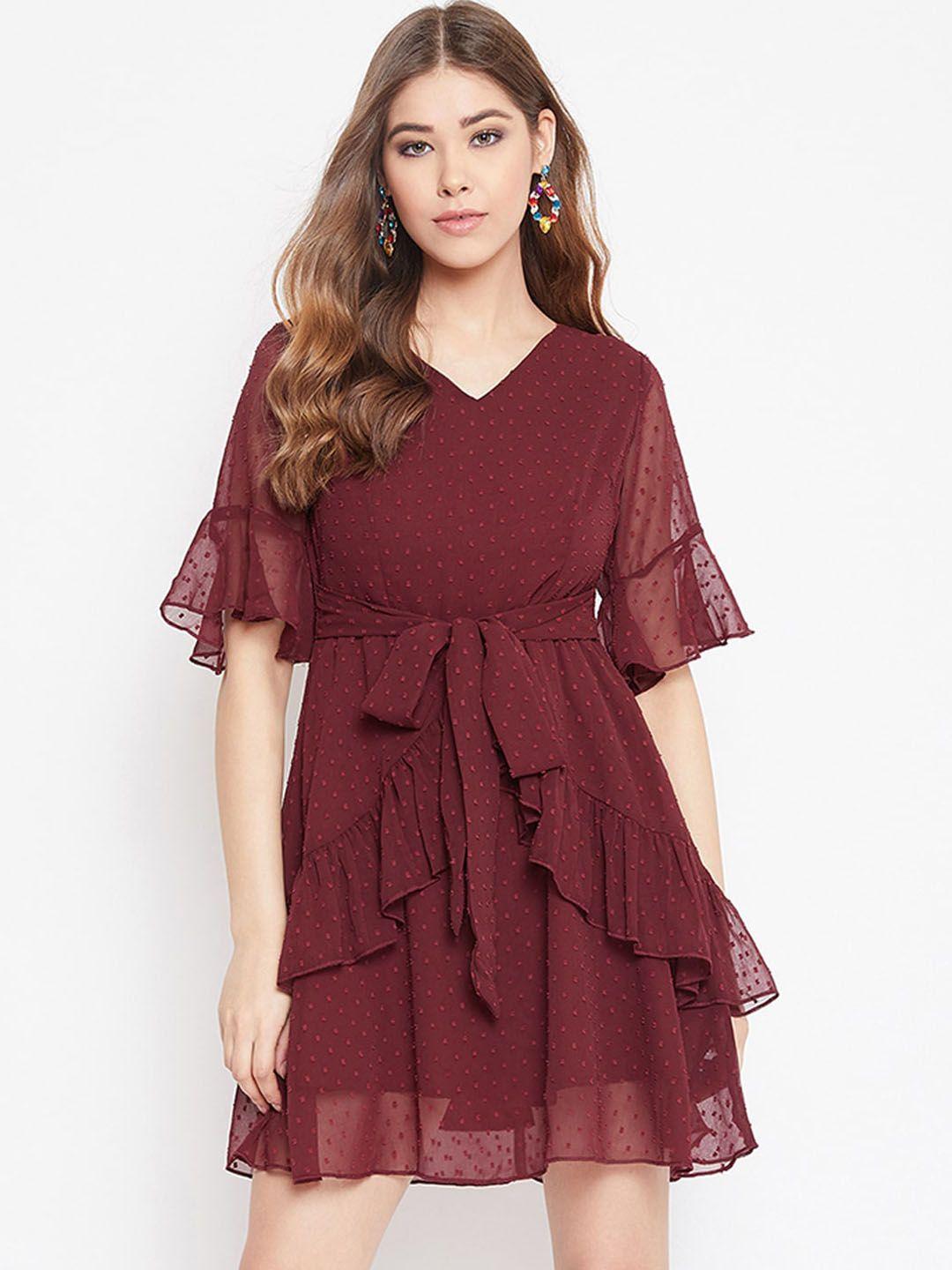 berrylush women maroon self design a-line dress