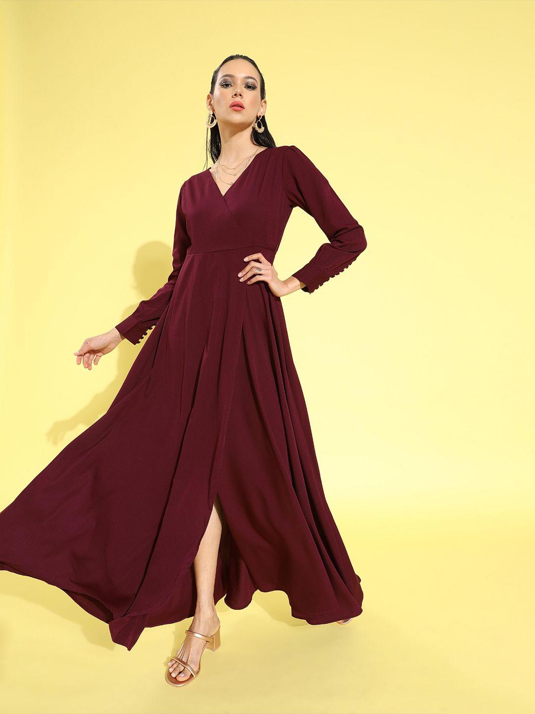 berrylush women maroon solid bishop sleeves dress