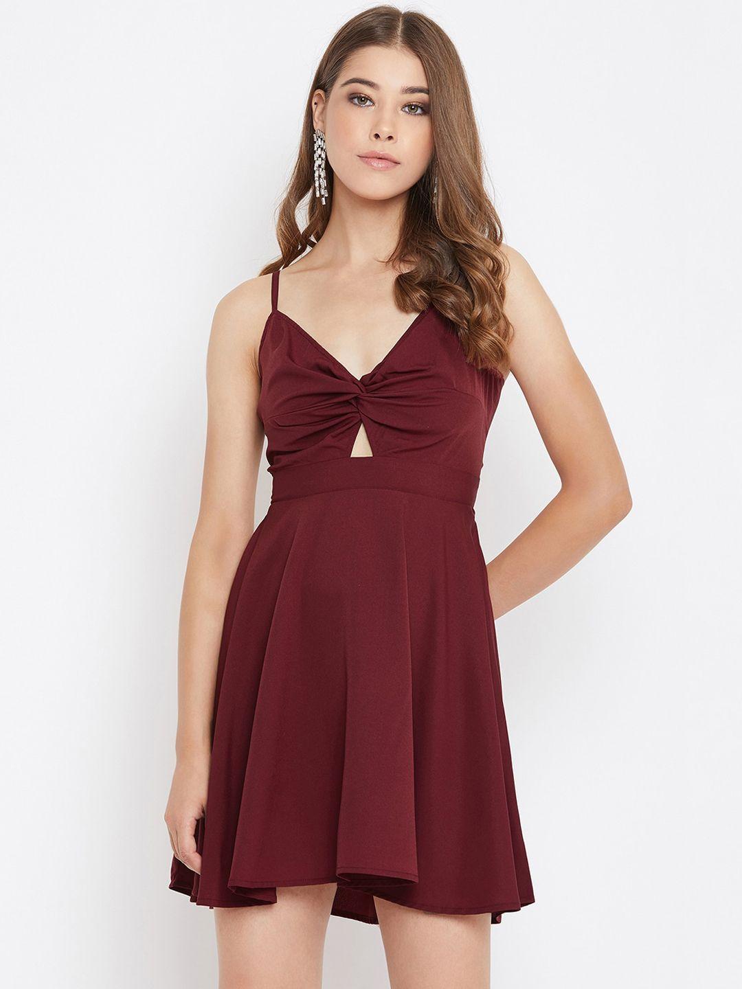 berrylush women maroon solid fit and flare dress