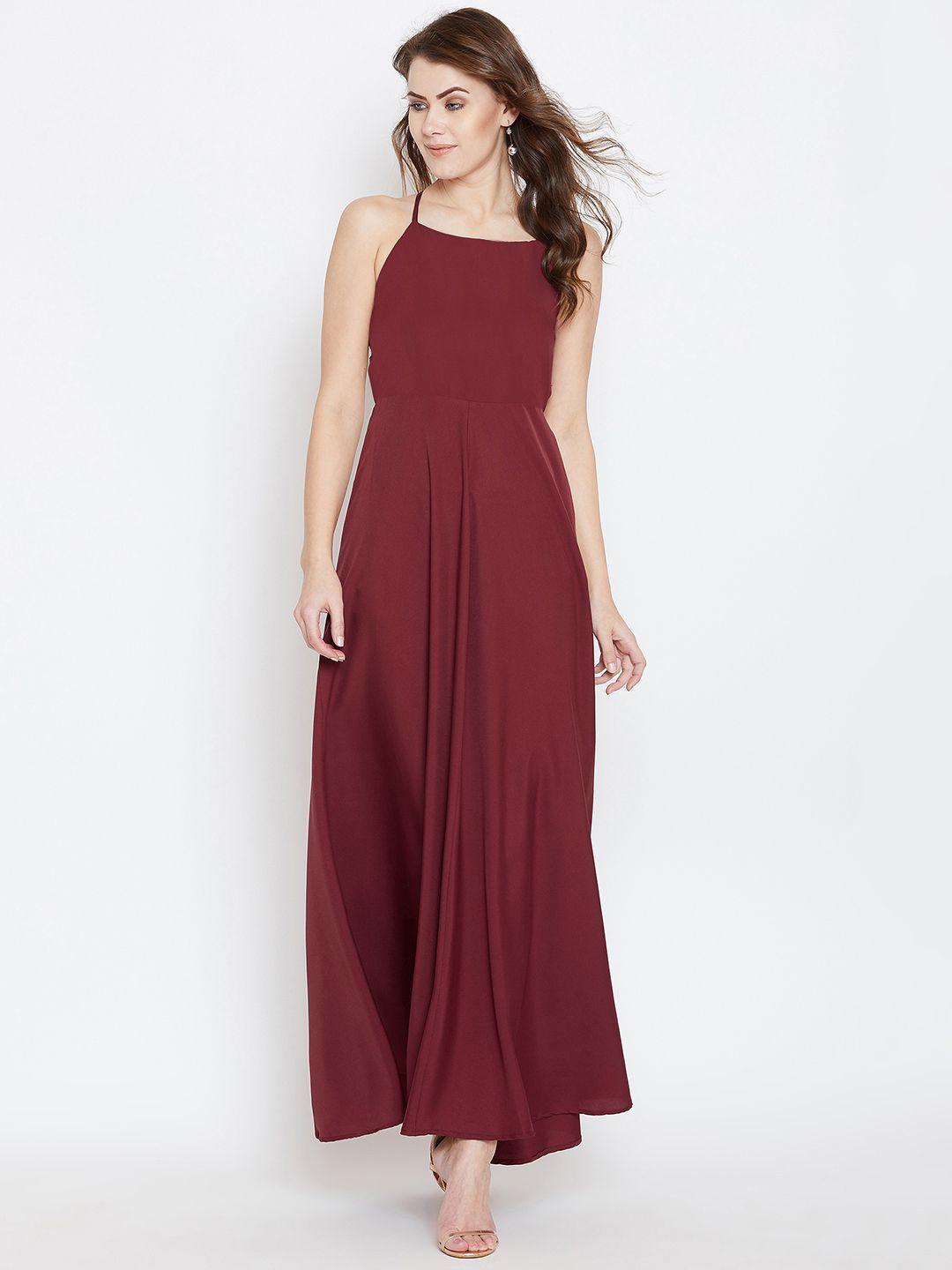 berrylush women maroon solid maxi dress