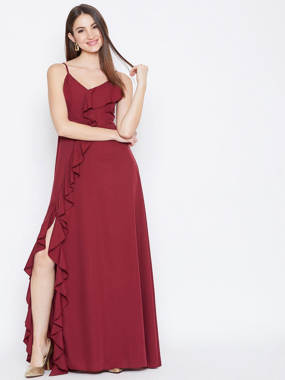 berrylush women maroon solid ruffled maxi dress