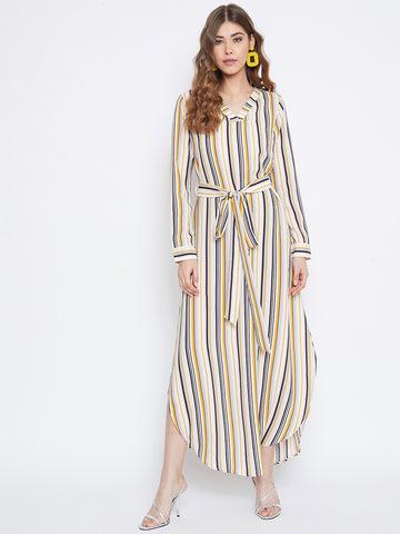 berrylush women multicolour striped pattern v-neck waist tie-up maxi dress