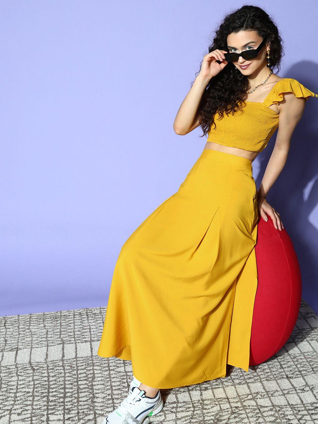berrylush women mustard solid top with skirt