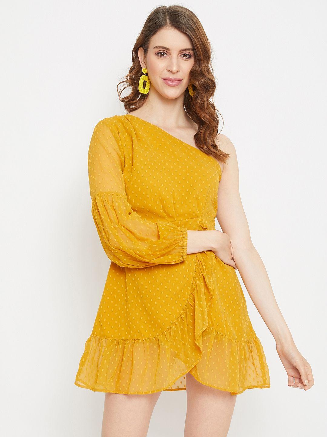 berrylush women mustard yellow dobby self design fit and flare dress with ruffles
