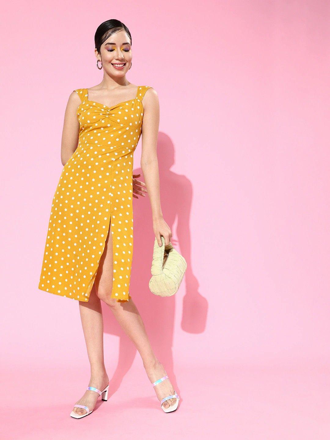 berrylush women mustard yellow polka dots print crepe a-line dress